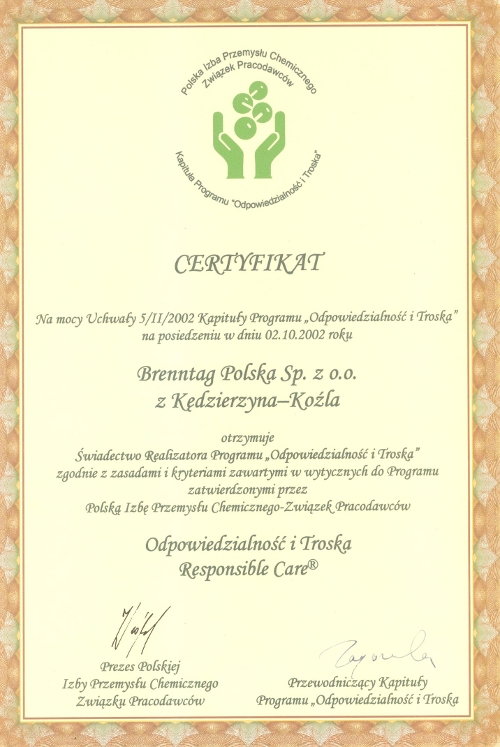 Certyfikat Responsible Care (2002) dla firmy Brenntag