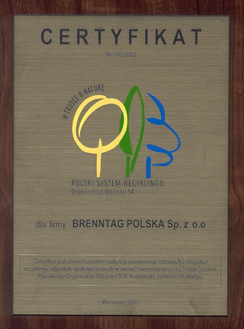 Certyfikat Polski System Recyklingu (2003) dla firmy Brenntag