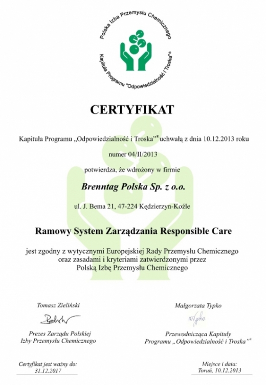 Certyfikat Ramowy System Zarządzania Responsible Care