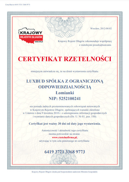 Certyfikat Rzetelna Firma