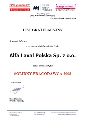 Solidny Pracodawca 2008, Alfa Laval Polska Sp. z o.o. 