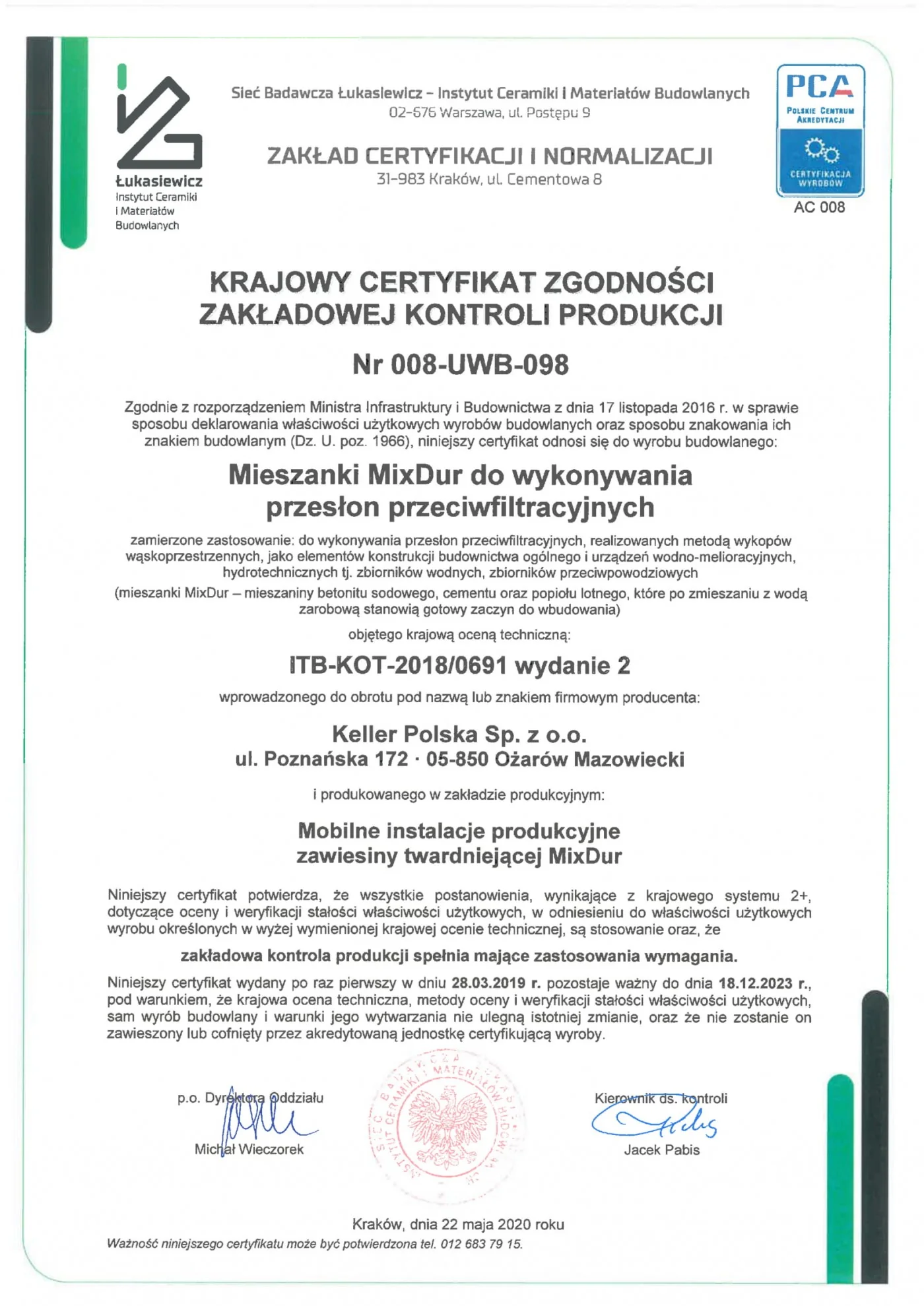 Krajowy Certyfikat Zgodności ZKP Nr 008-UWB-098
