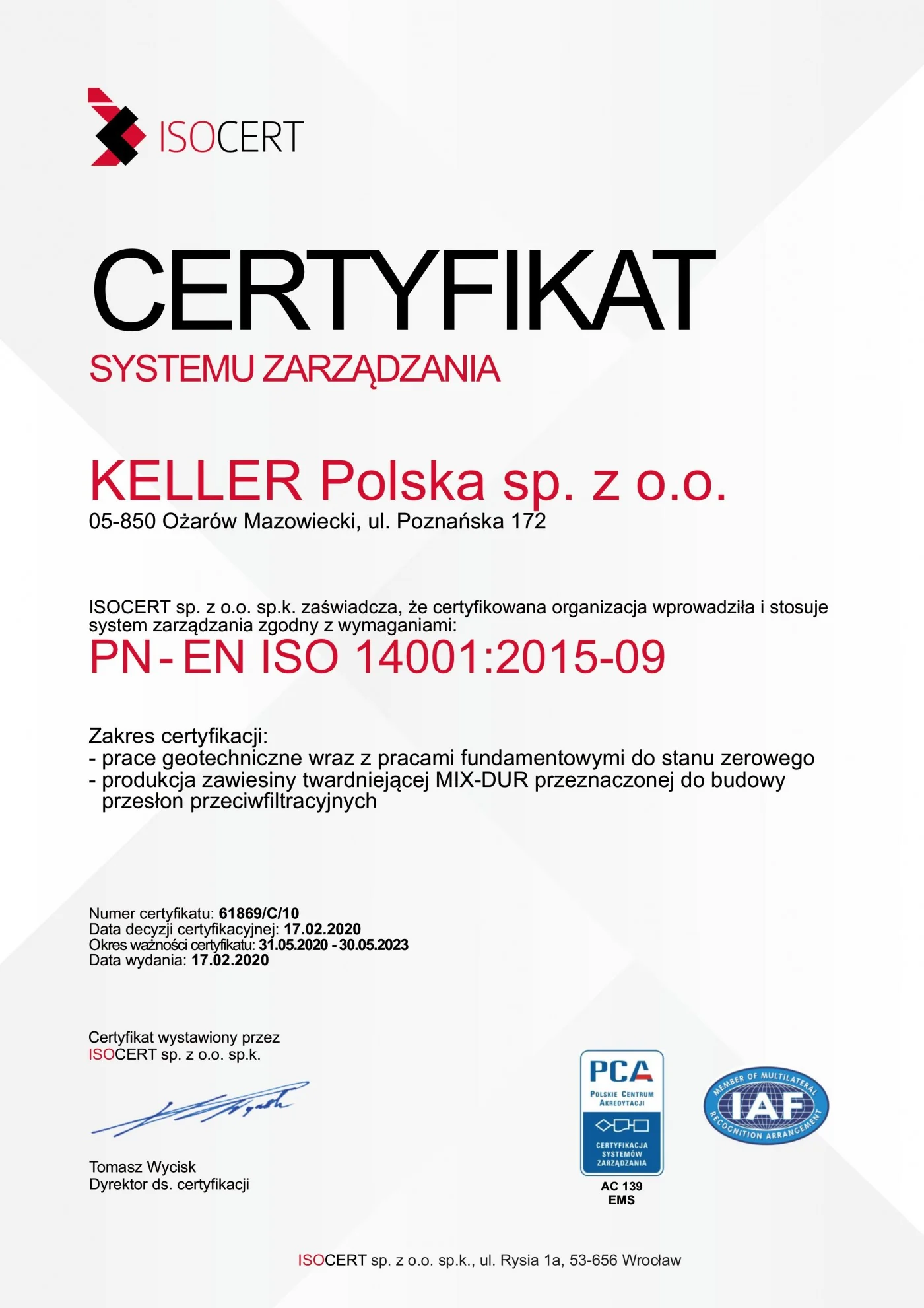 Certyfikat PN- EN ISO 14001:2015-09 (2020)