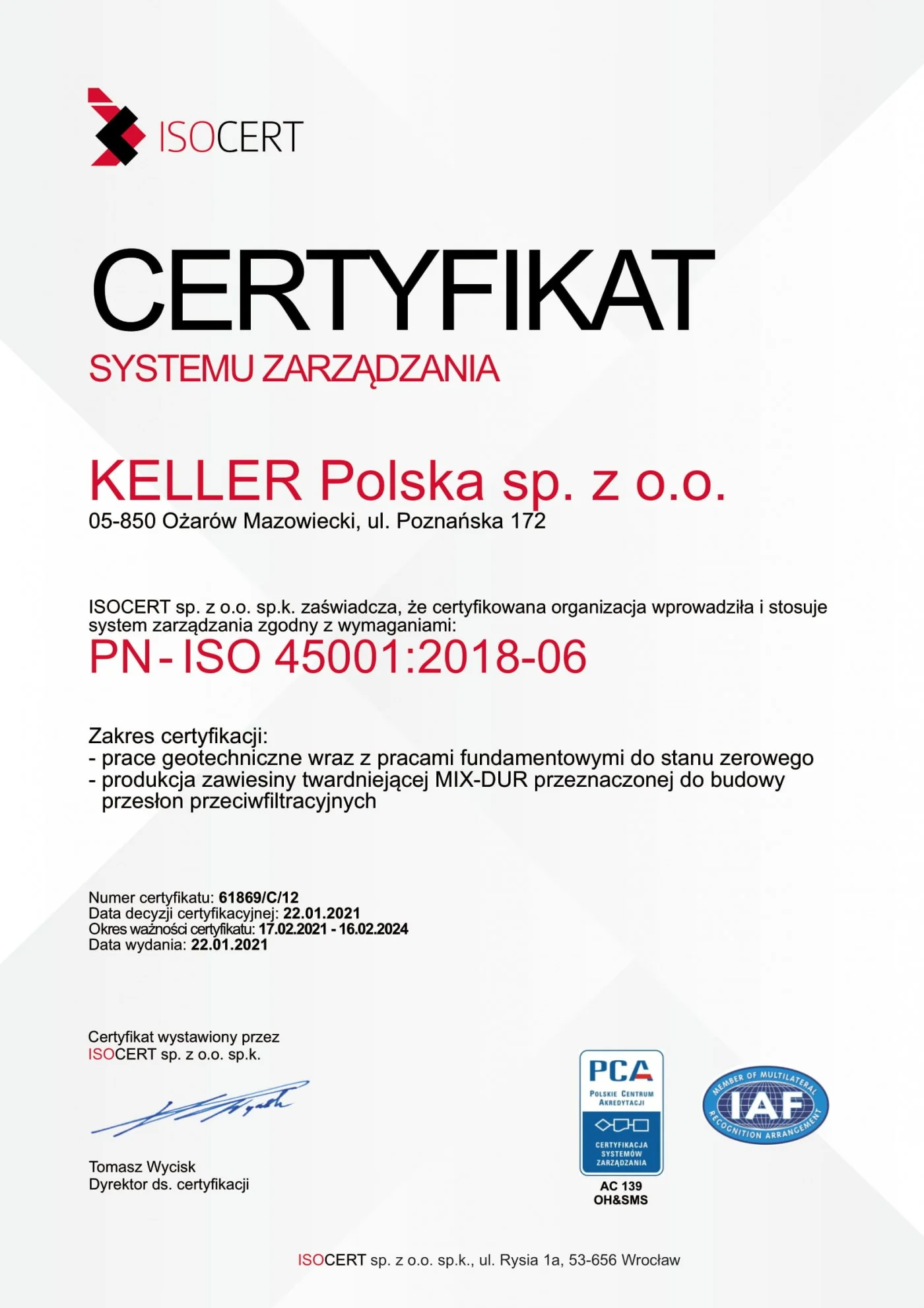 Certyfikat PN-ISP 45001:2018-06