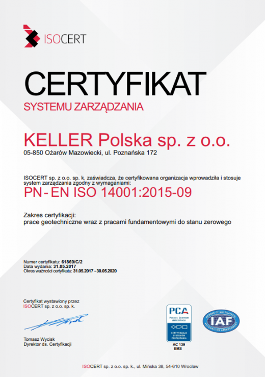 Certyfikat PN- EN ISO 14001:2015-09