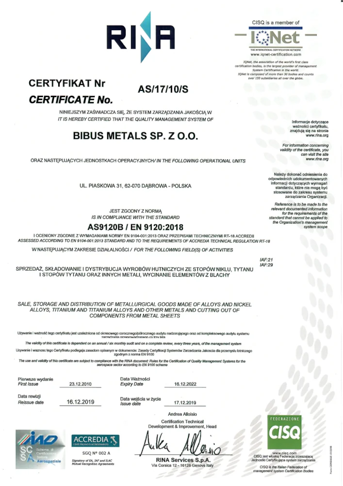 Certyfikat RINA AS/17/10/S (2020)
