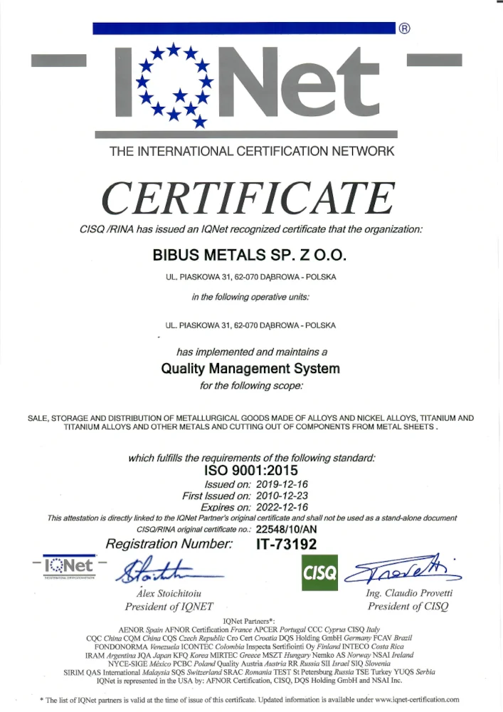 Certyfikat IQNet - ISO 9001:2015 (2019)