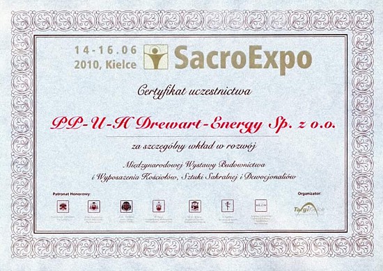 Certyfikat uczestnictwa (SacroExpo 2010) firmy Drewart-Energy