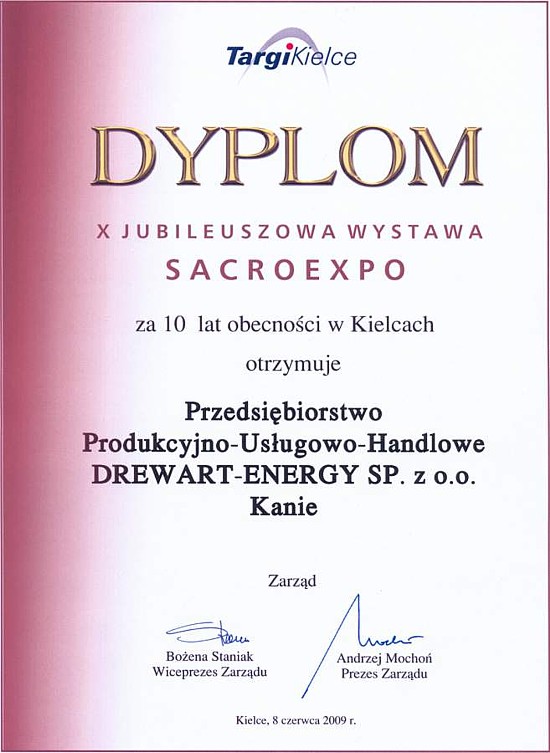 Dyplom za 10 lat obecności w Kielcach (SacroExpo 2009) firmy Drewart-Energy