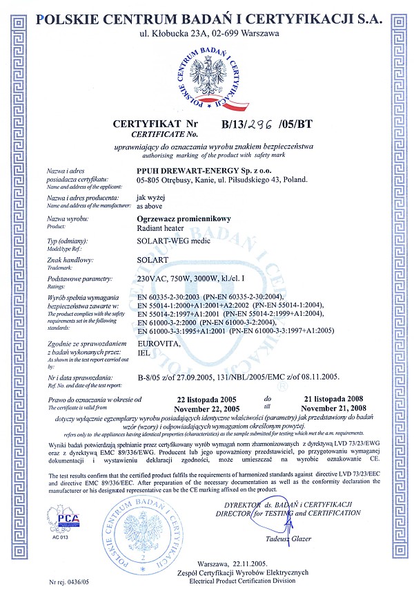 Certyfikat Solart-WEG medic firmy Drewart-Energy