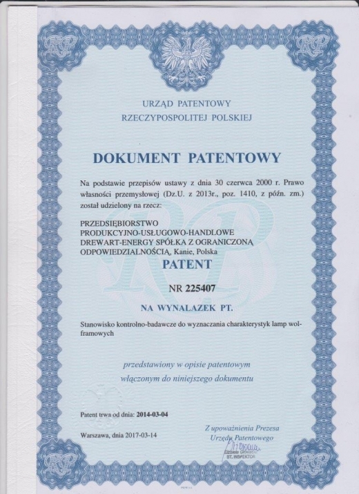 Patent na Stanowiasko kontrolno-badawcze do wyznaczania charakterystyk lamp wolframowych