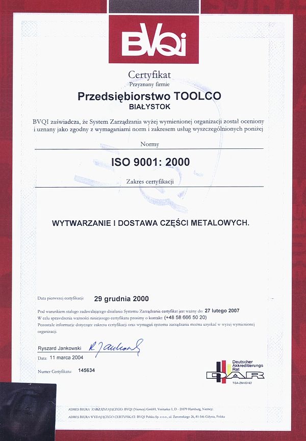  Certyfikat ISO 9001:2000  TOOLCO