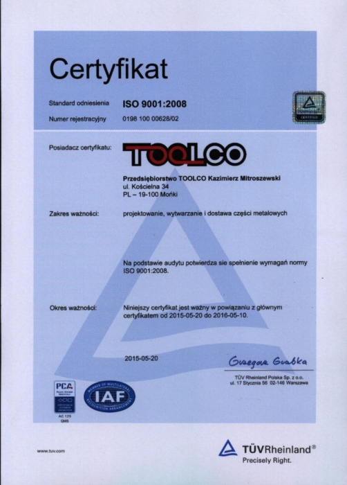 Certyfikat ISO 9001:2008 TOOLCO