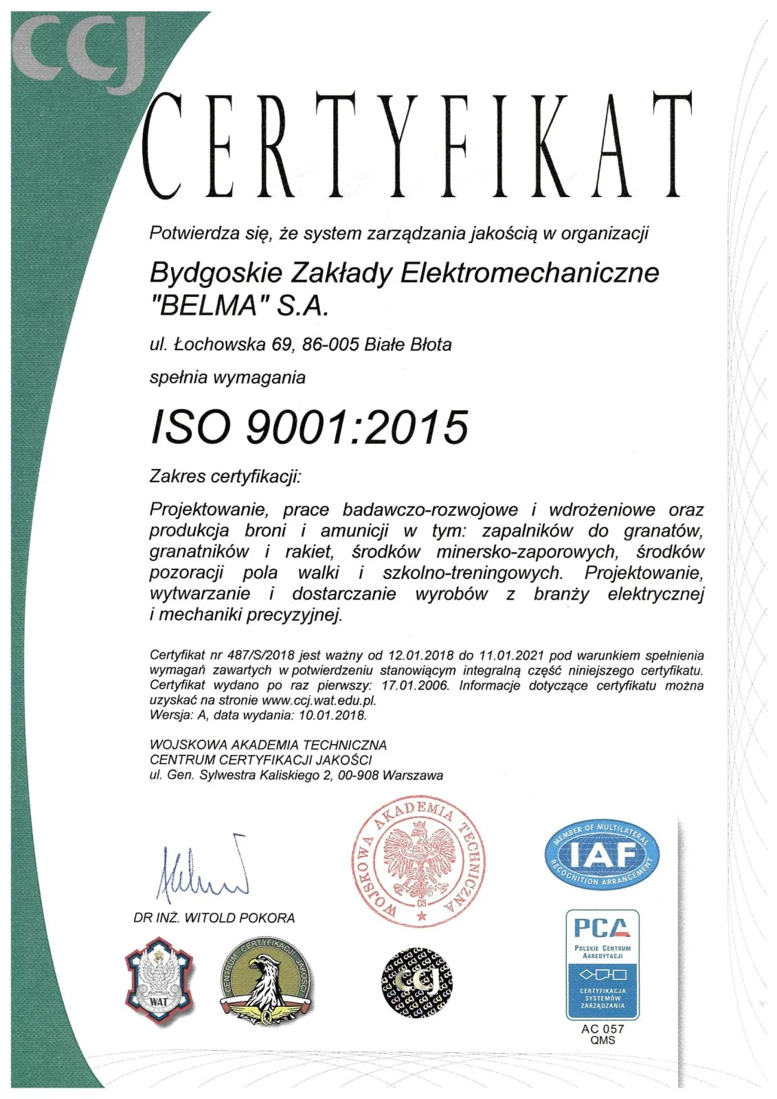 Certyfikat ISO 9001:2015 (2018)