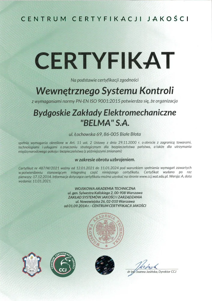 Certyfikat Wewnętrznego Systemu Kontroli (2021)