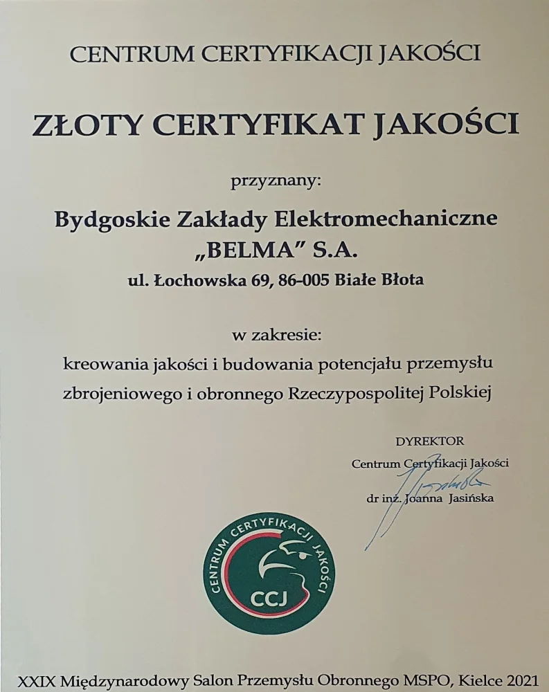Złoty Certyfikat Jakości (2021)