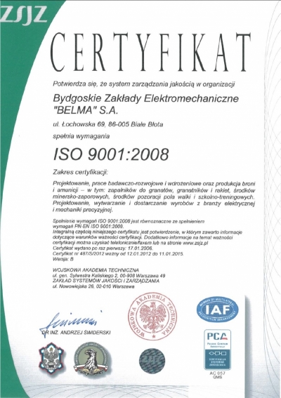 Certyfikat ISO 9001:2009 Belma S.A.