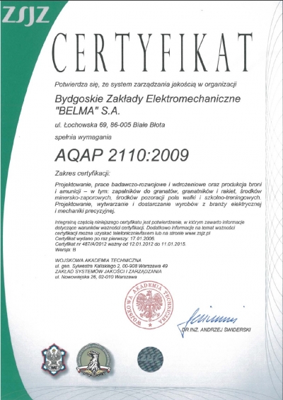 Certyfikat AQAP 2110:2009 Belma S.A.