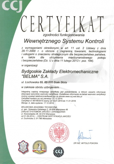 Certyfikat WSK  wydany przez  Wojskową Akademię Techniczną - Centrum Certyfikacji Jakości