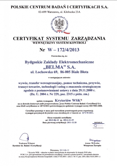 Certyfikat WSK Belma S.A.