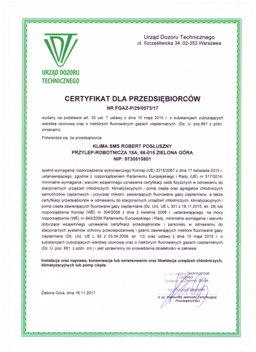 Certyfikat dla przedsiębiorców NR FGAZ-P/29/0073/17 Klima SMS