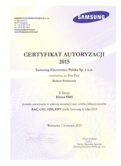 Certyfikat Autoryzacji 2015 Samsunga Klima SMS