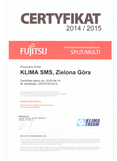 Certyfikat Fujitsu Klima SMS