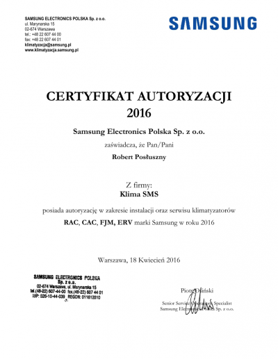 Certyfikat Autoryzacji Samsung Klima SMS