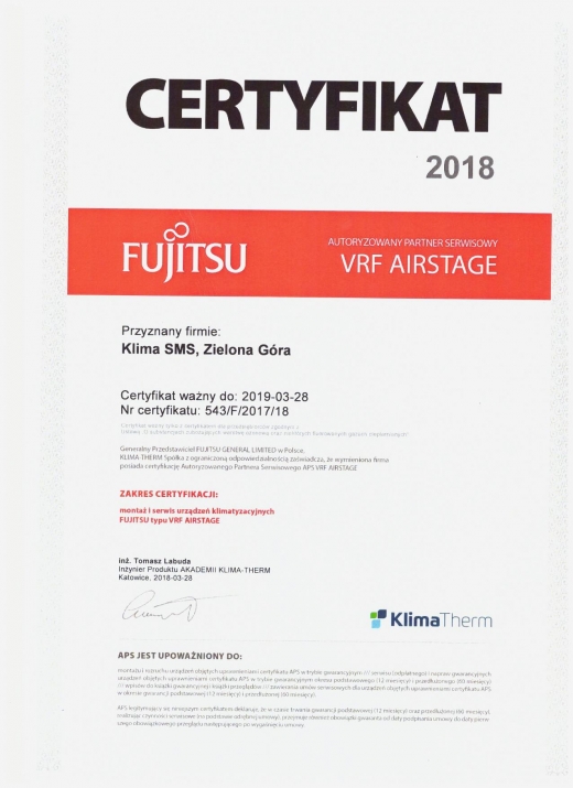 Certyfikat Fujitsu 543/F/2017/18 Klima SMS