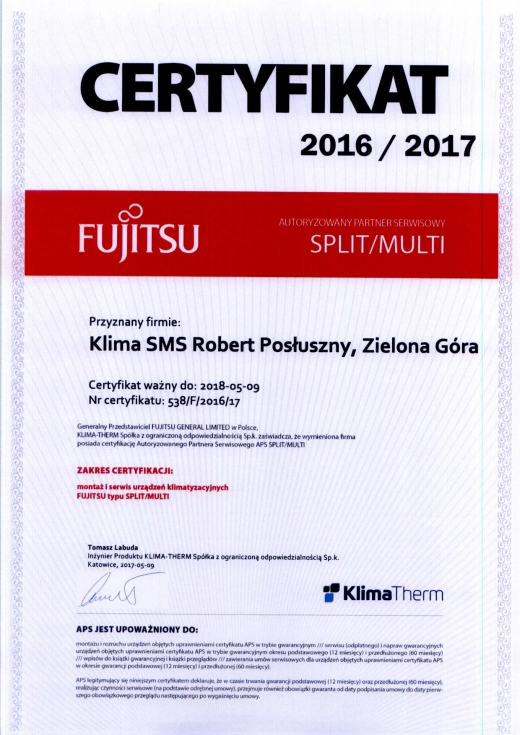 Certyfikat 538/F/2016/2017 KLIMA SMS