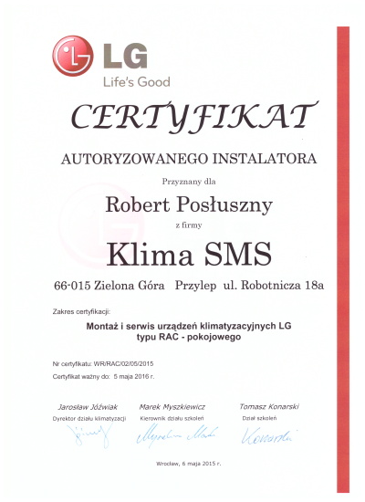 Certyfikat Autoryzowanego Instalatora 2015 LG Klima SMS