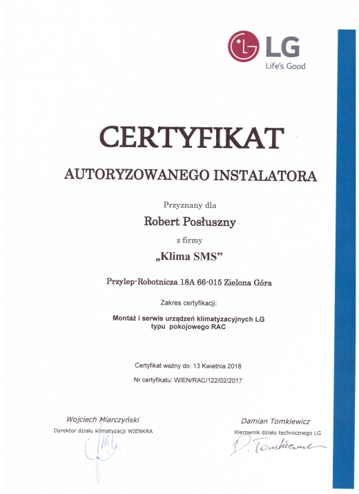 Certyfikat Autoryzowanego Instalatora LG  Klima SMS