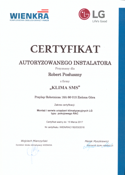 Certyfikat Autoryzowanego Instalatora LG Klima SMS