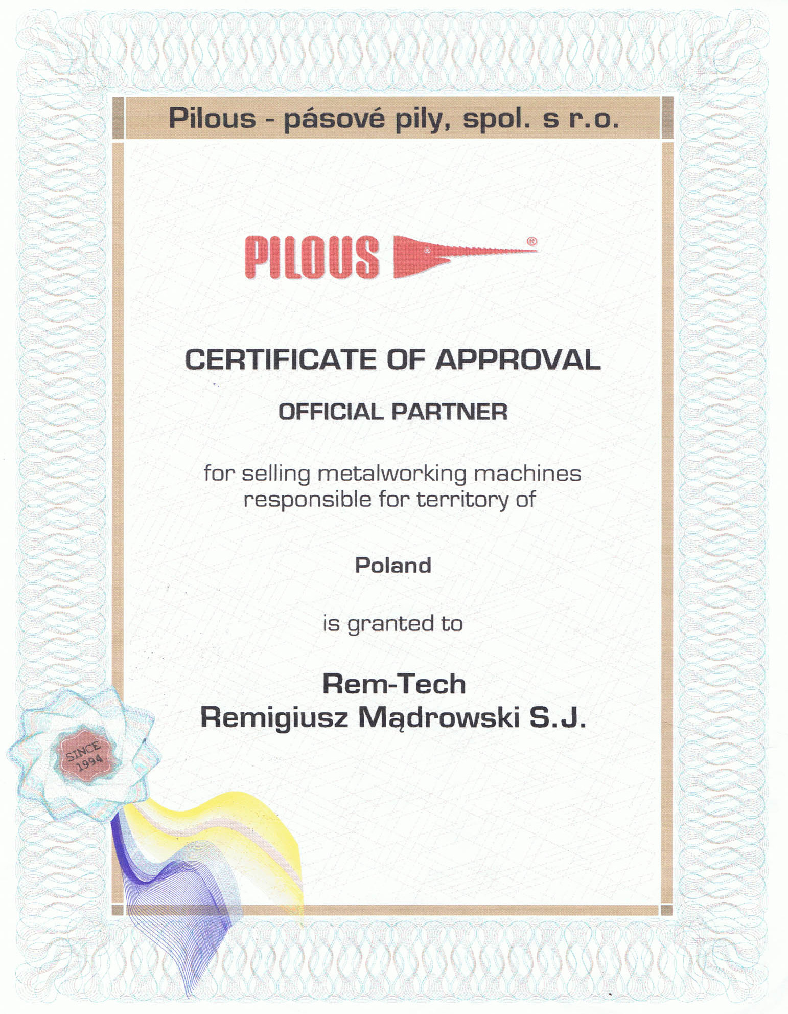 PILOUS - Certyficate of Approval Official Pratner