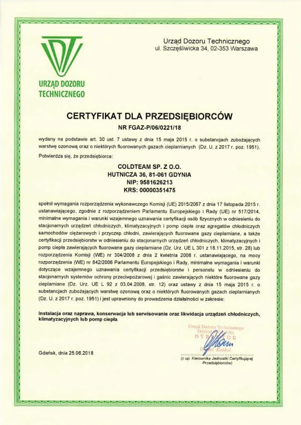 Certyfikat dla Przedsiębiorców FGAZ-P/06/0221/18 ​(2018)