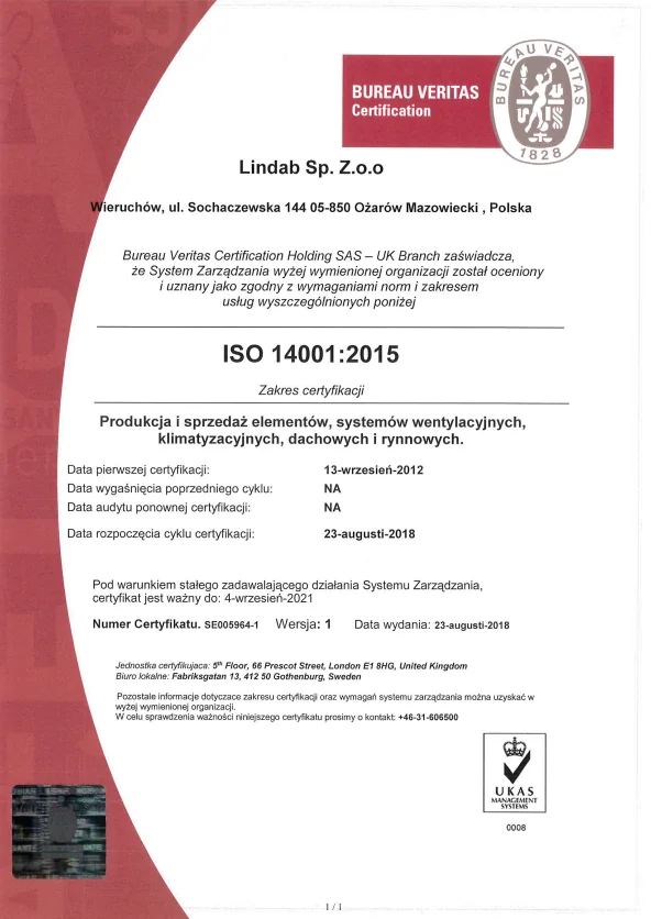 Certyfikat ISO 14001:2015 (2018)