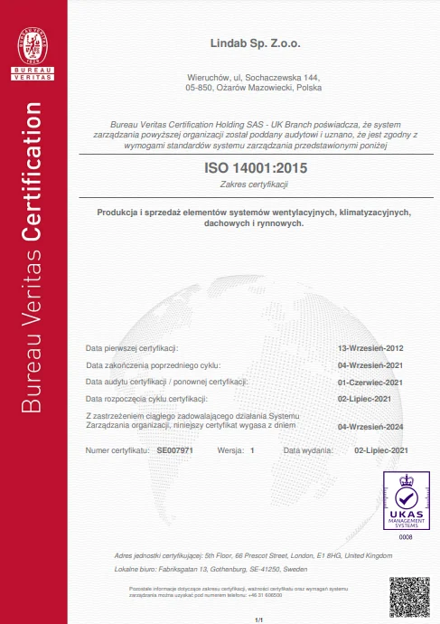 Certyfikat ISO 14001:2015 (2021)