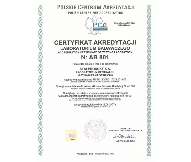 Certyfikat Akredytacji Laboratorium Badawczego AB 801 (2020)