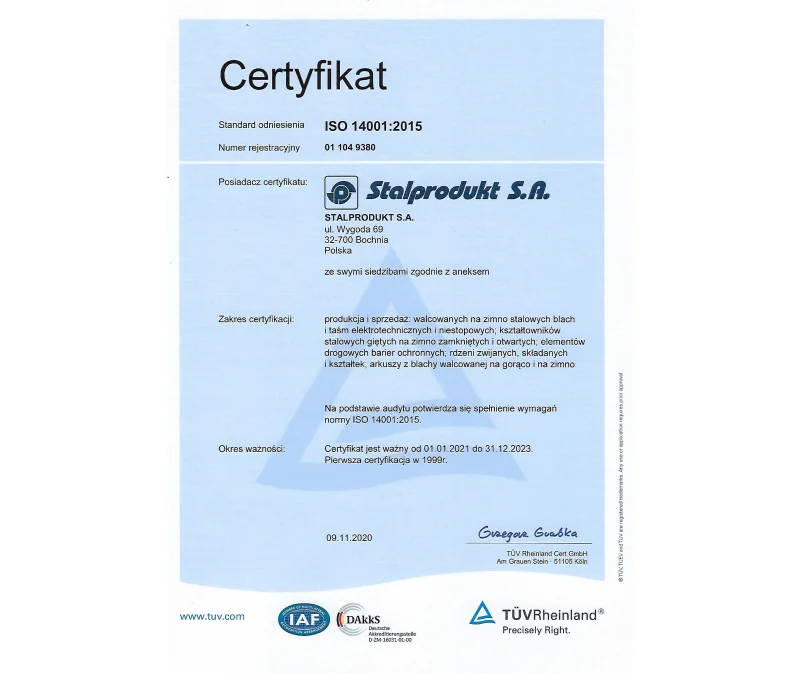 Certyfikat ISO 14001:2015 (2020)