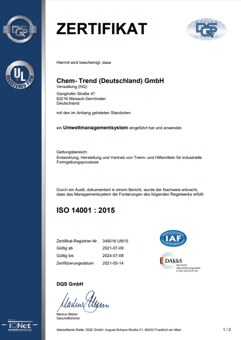 Certyfikat ISO 14001: 2015 (2021)