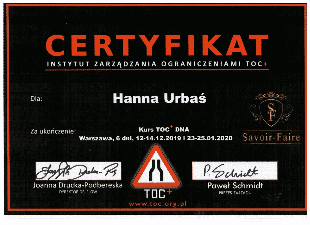 Certyfikat TOC Hanna Urbaś