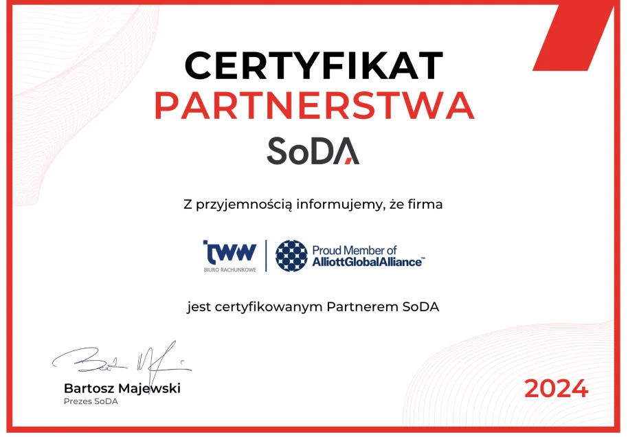 Z wielką dumną informujemy, że JWW Biuro Rachunkowe otrzymało tytuł certyfikowanego Partnera SoDA 2024!
