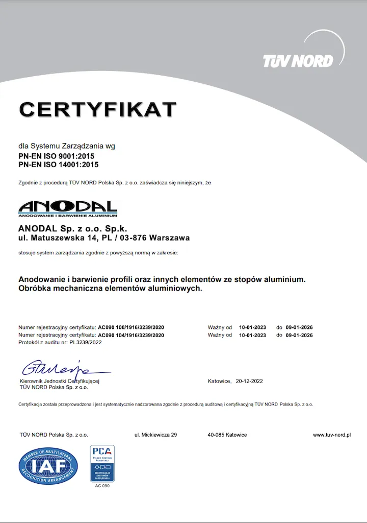 Certyfikat PN-EN ISO 9001:2015, PN-EN ISO 14001:2015