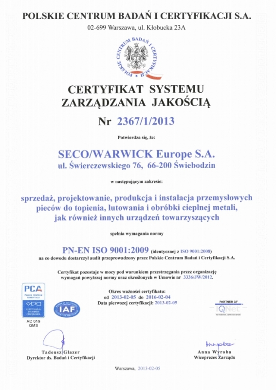 Certyfikat Systemu Zarządzania Jakością SECO/WARWICK