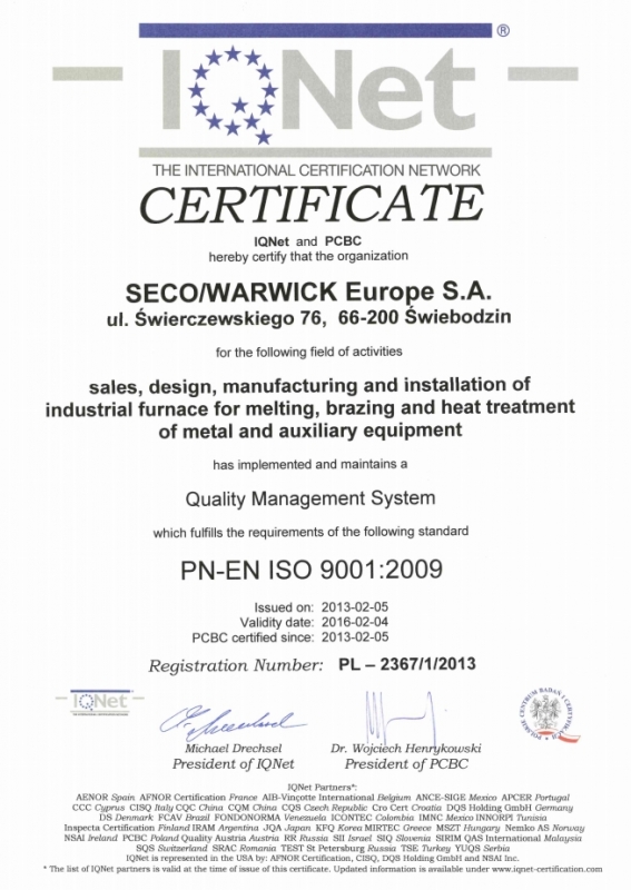Certyfikat IQNet SECO/WARWICK