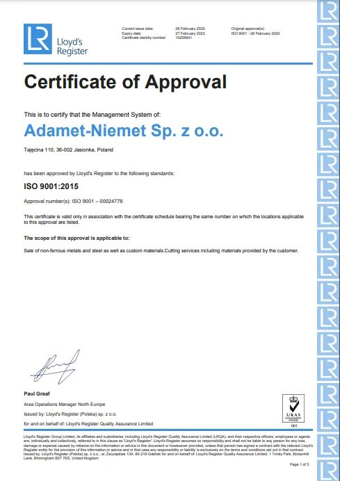 Certyfikat ISO 9001:2015 (ważny 2023-02-27)