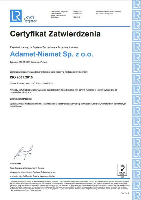 Certyfikat ISO 9001:2015 PL (ważny 2023-02-27)