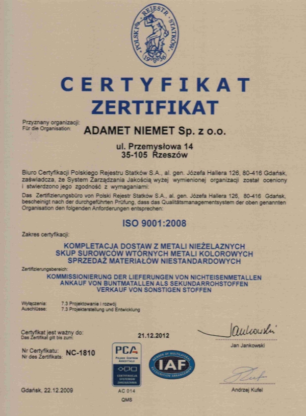 ADAMET-NIEMET Sp. z o.o. , Certyfikat ISO 9001:2008 ważny do 2012-12-21