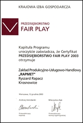 Certyfikat przedsiębiorstwo FAIR PLAY 2003 dla firmy Rapmet