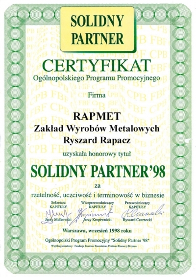 Certyfikat Solidny Partner 1998 dla firmy Rapmet